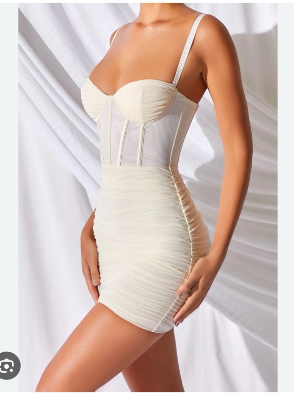 Oh Polly Cream Ruched Bustier Bodycon Mini Dress
